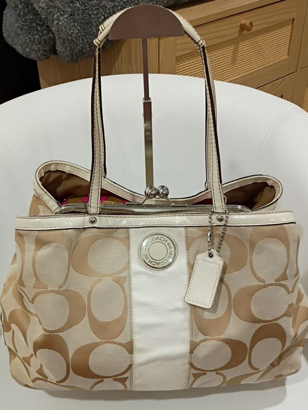 Coach Signature Striped Framed Carryall with Kiss-Lock